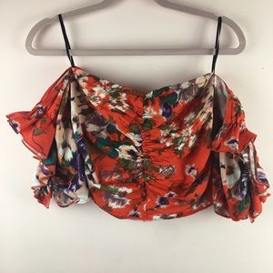 Floral off the shoulder ruffle and ruched top